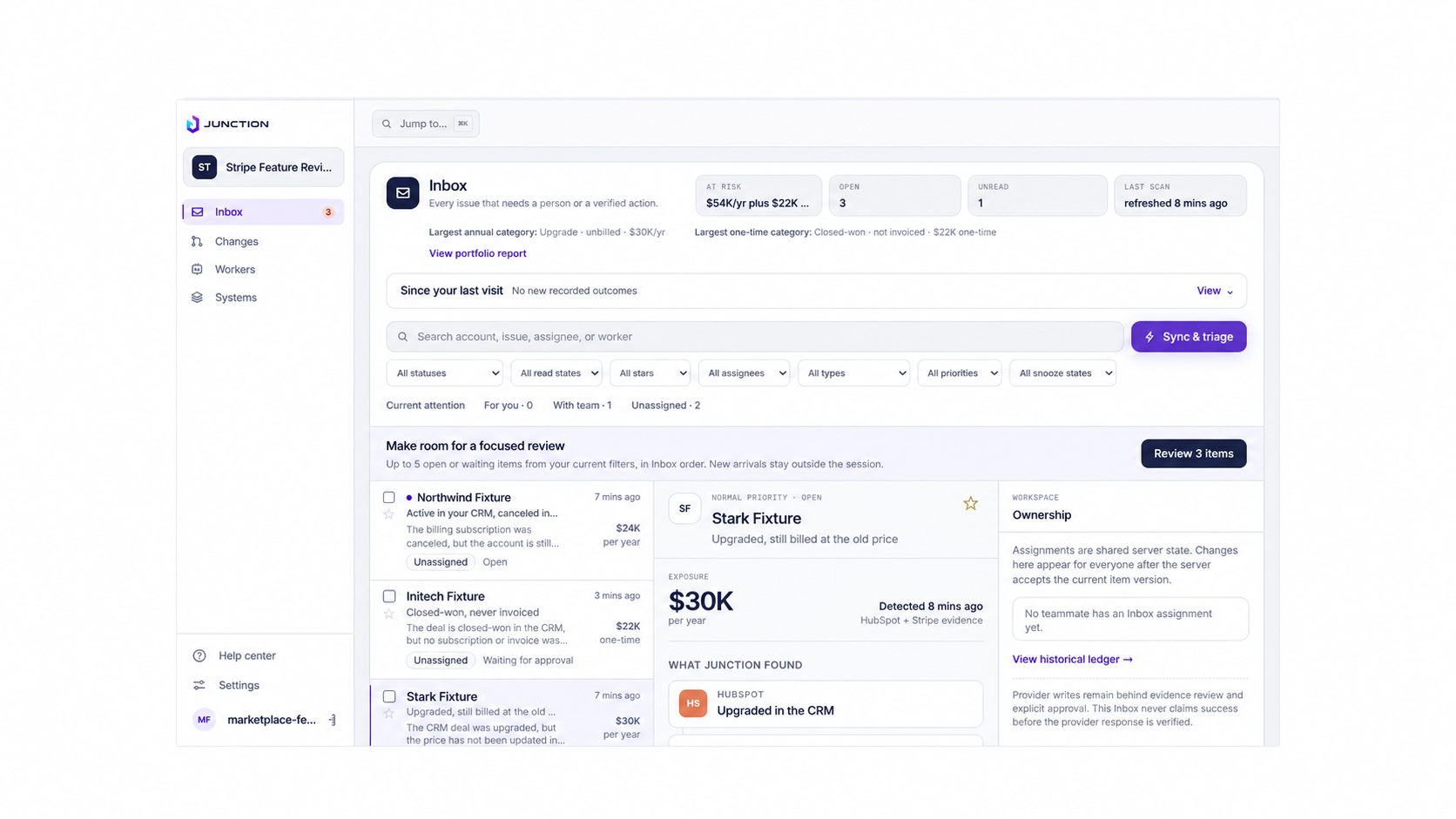 Junction Inbox comparing HubSpot and Stripe evidence for synthetic Northwind, Initech, and Stark records